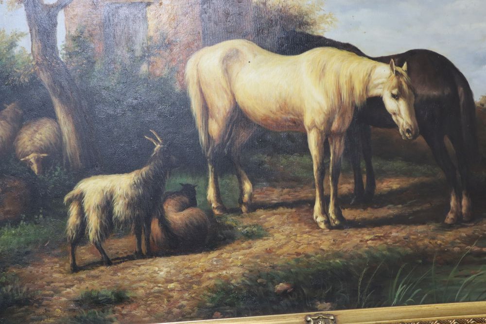 Modern oil on canvas of horses and goats beside a stream, 60 x 90cm